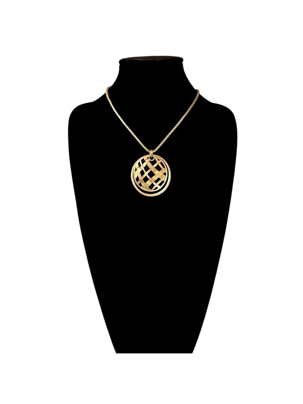 CHICO’S Brushed Gold Basket Weave Medallion Pendant Necklace | Snake Chain | NEW